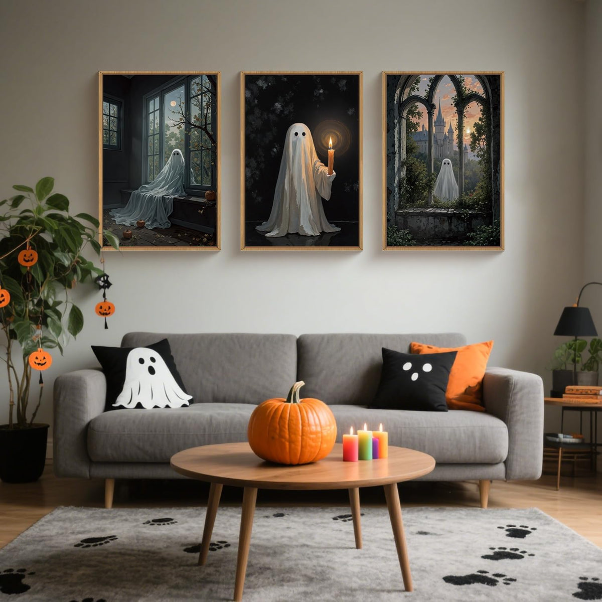LHIUEM Large Halloween Cute Ghost Framed Canvas Wall Art Set,Vintage Spooky Wall Decor,Retro Dark