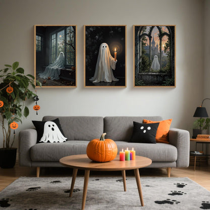 LHIUEM Large Halloween Cute Ghost Framed Canvas Wall Art Set,Vintage Spooky Wall Decor,Retro Dark