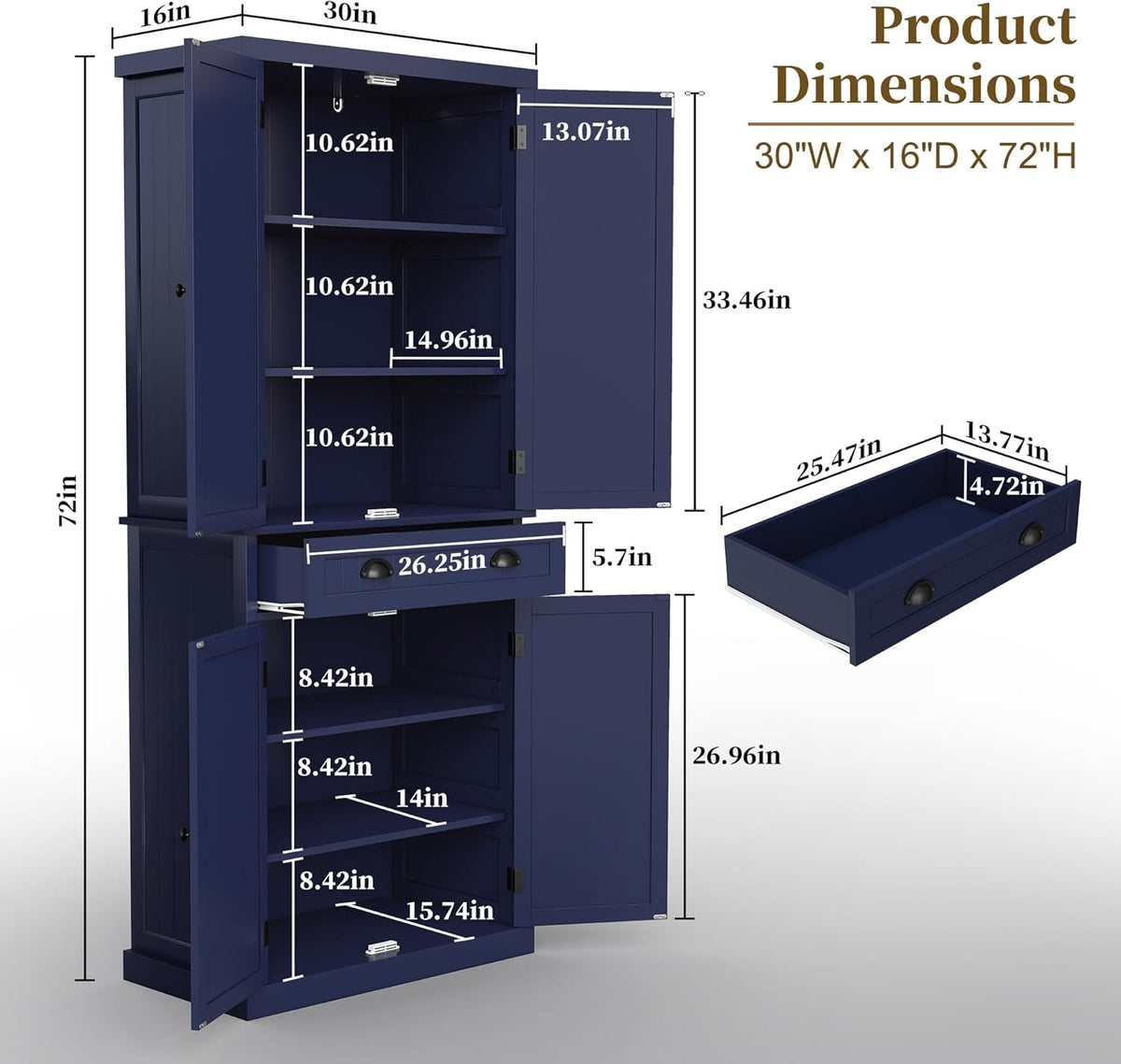 ARTPOWER 72" Tall Kitchen Pantry Storage Cabinet with Drawer and Adjustable Shelves, Pantry Cabinet