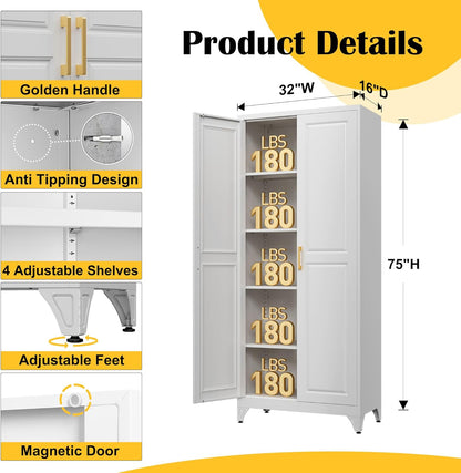 Kitchen Pantry Cabinet,75”White Metal Storage Cabinets with Doors and 4 Adjustable Shelves,Kitchen