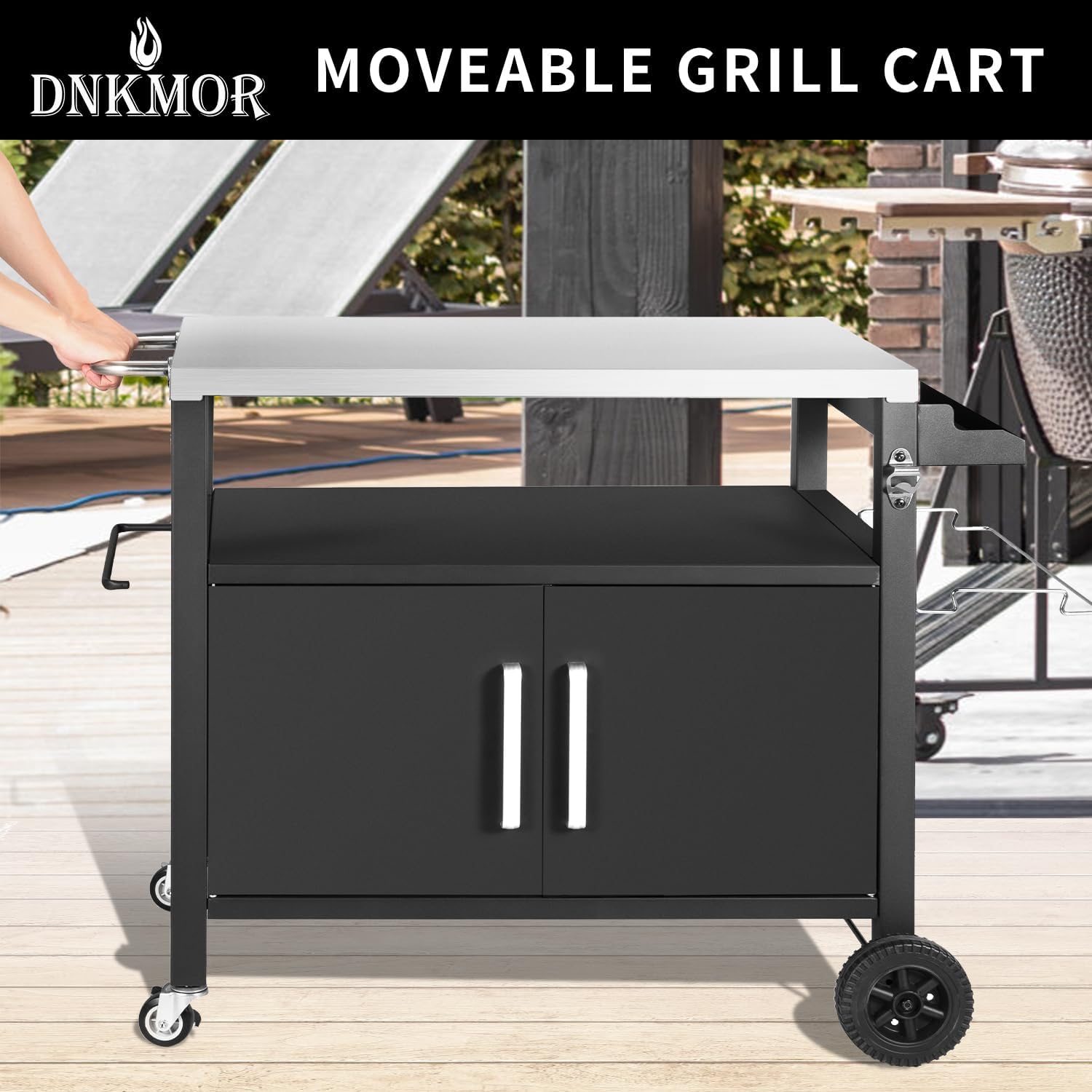 Dining Cart Table with Big Storage Cabinet, Movable Outdoor BBQ Grill Table Pizza Oven Stand