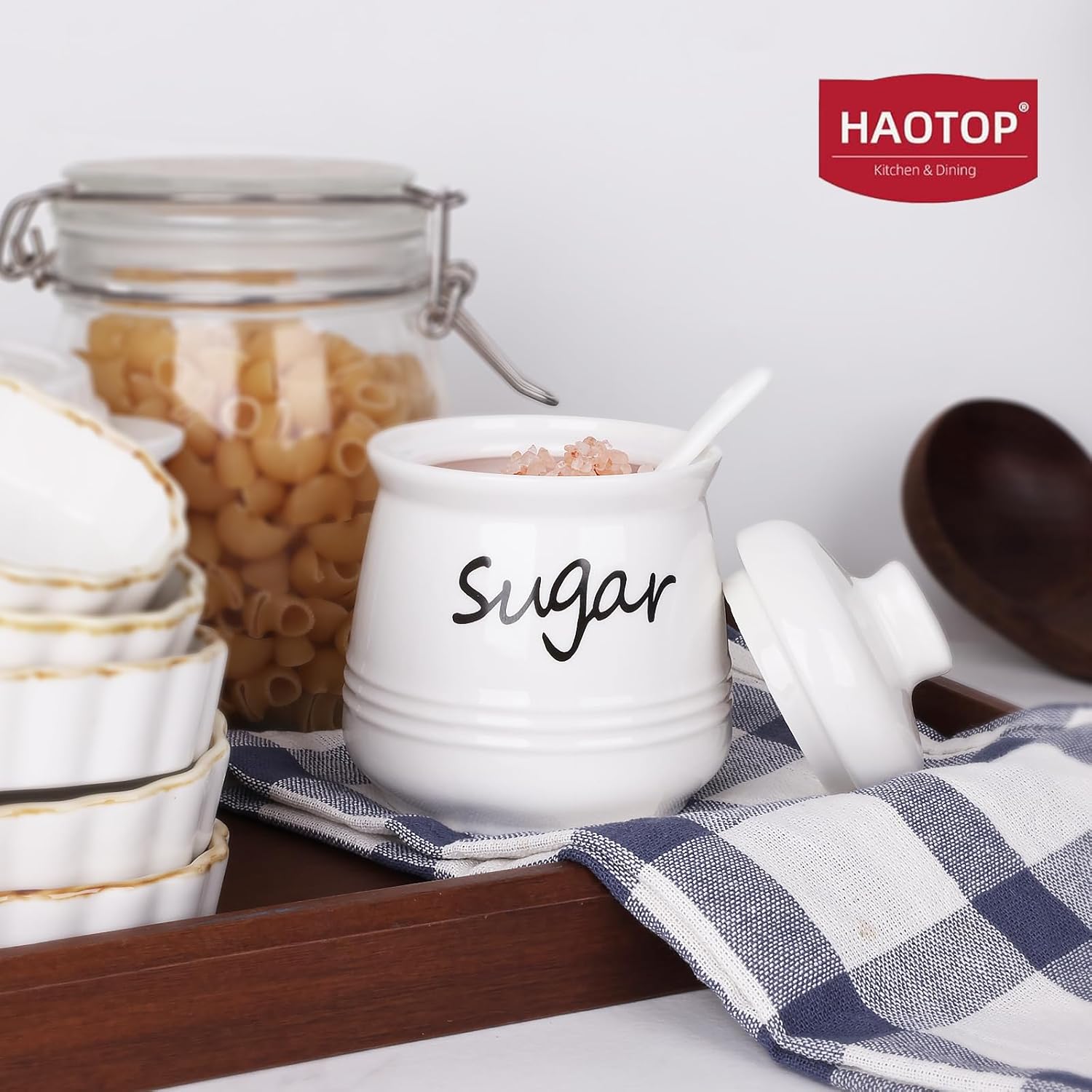 HAOTOP 12oz Sugar Bowl with Lid and Spoon,Ceramic Sugar Jar Sugar Dispenser Sugar Container Coffee
