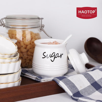 HAOTOP 12oz Sugar Bowl with Lid and Spoon,Ceramic Sugar Jar Sugar Dispenser Sugar Container Coffee