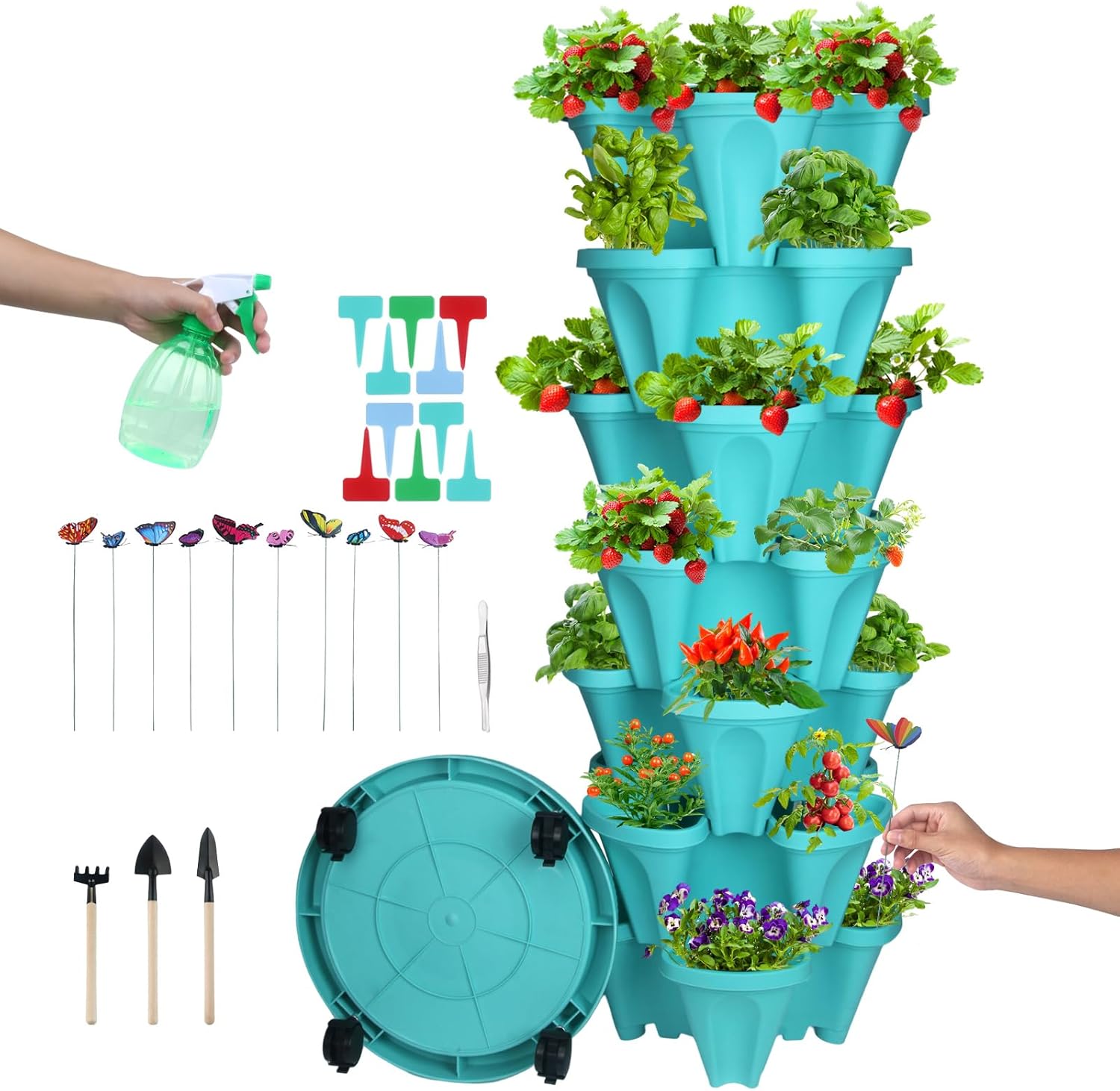 DUNCHATY Stackable Vertical Garden Planter with Tool Set, Self Watering 7 Tier Herb Planter for