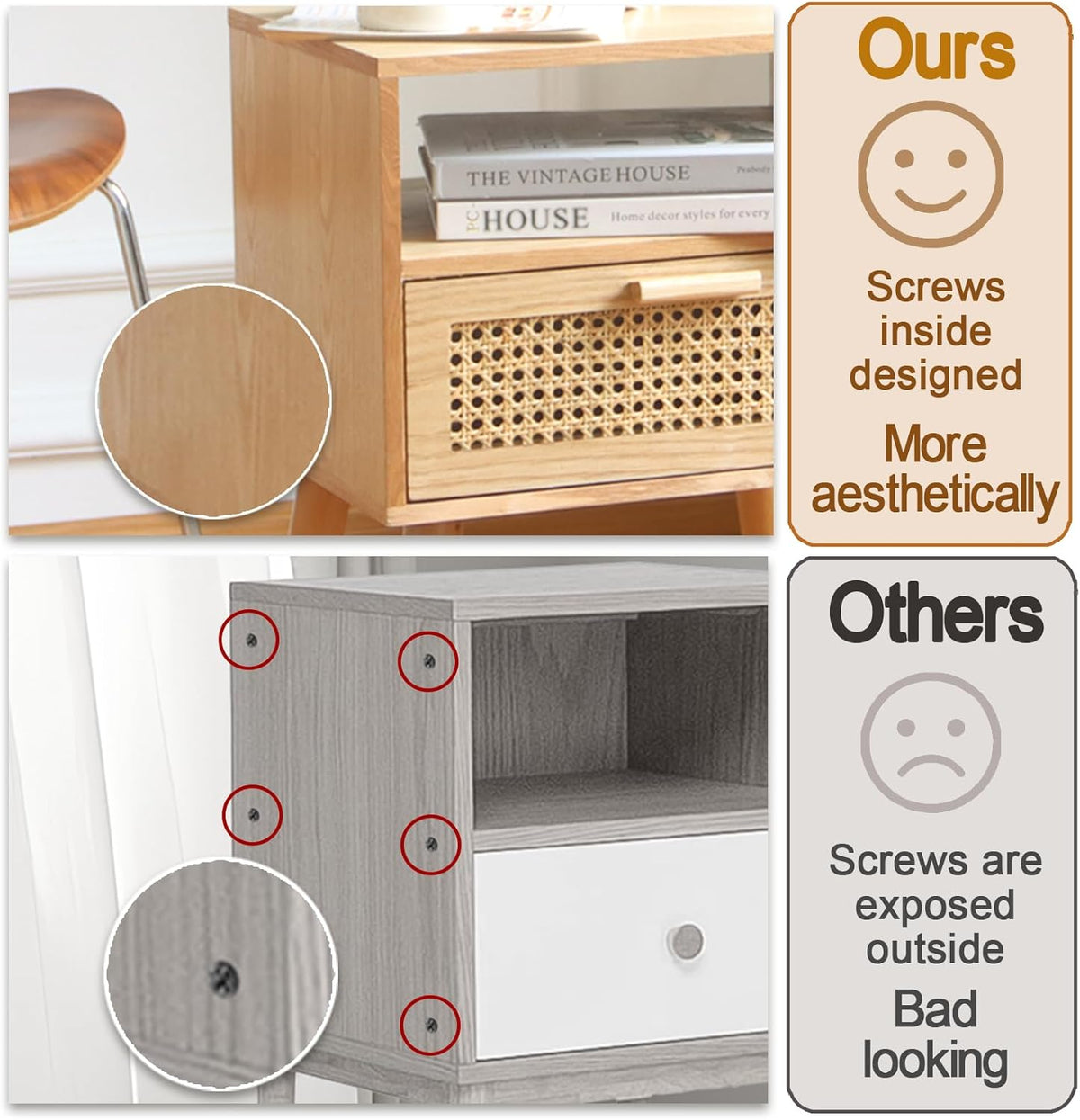 MaxSmeo Modern Nightstand Rattan Side End Table with Storage, for Living Room, Bedroom and Small