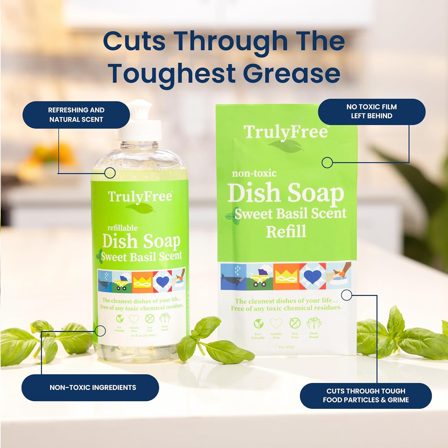 Natural Concentrated Dish Detergent Dishwashing Liquid | Plant-Based Dish Soap | Sweet Basil Fresh