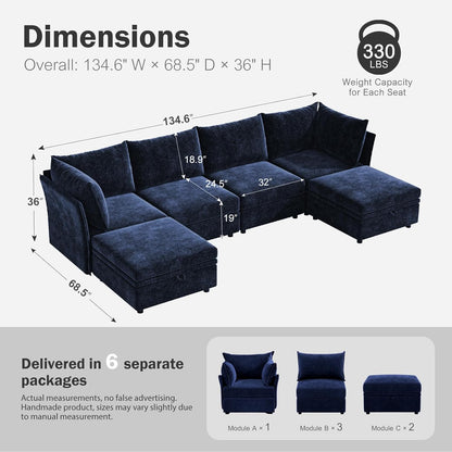 134.6" Oversized Modular Sectional Sofa, 6 Seater U Shaped Couch with Storage Ottoman with