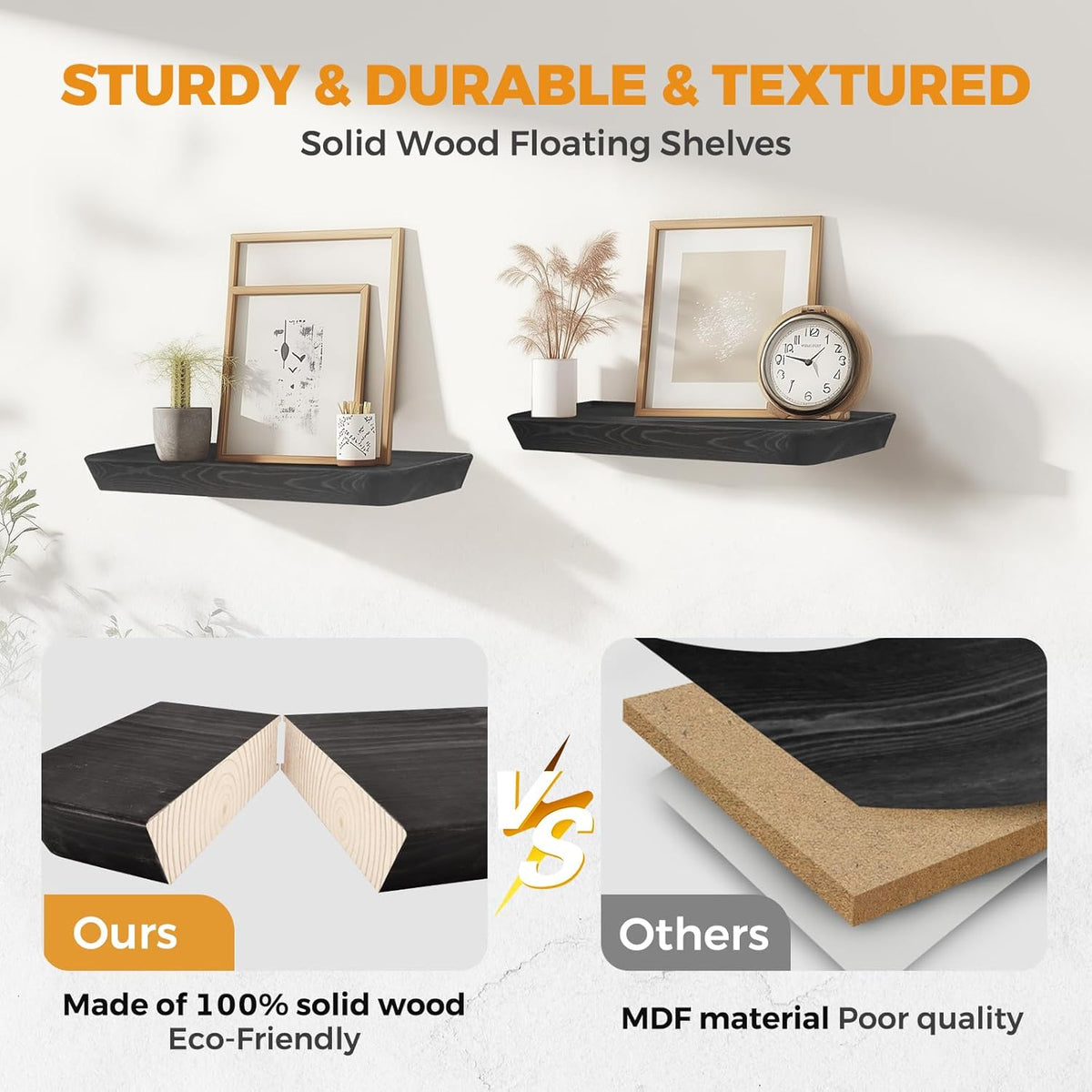 16"x6.8"x1.6" Slanted Floating Wall Shelves 2-Pack - Rustic Black Finish, Heavy-Duty Solid Wood