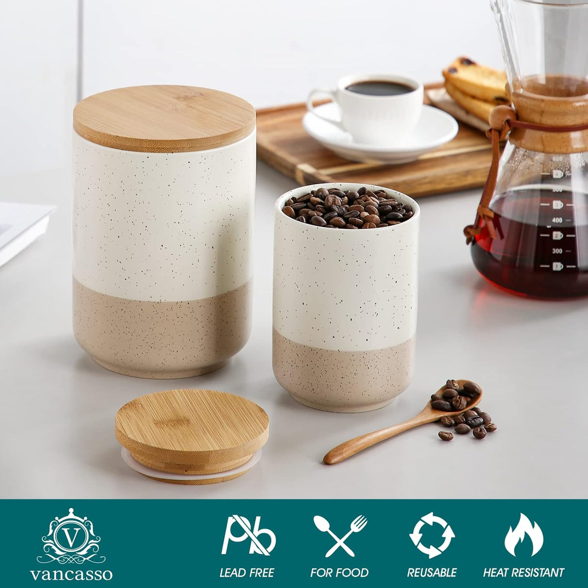 vancasso Sabine Small Ceramic Canister with Airtight Wood Lid - 18 oz Kitchen Storage for Coffee
