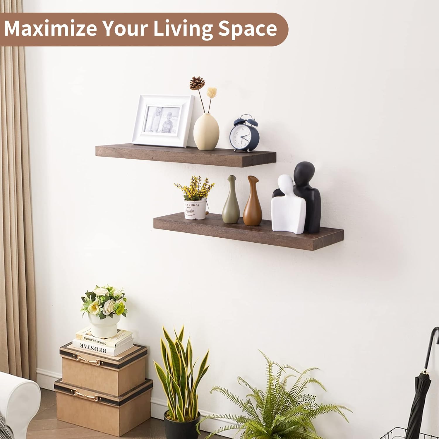 Axeman Floating Shelves for Wall, 24''W x 8'' D Rustic Solid Elm Wood Shelves for Storage, Wall