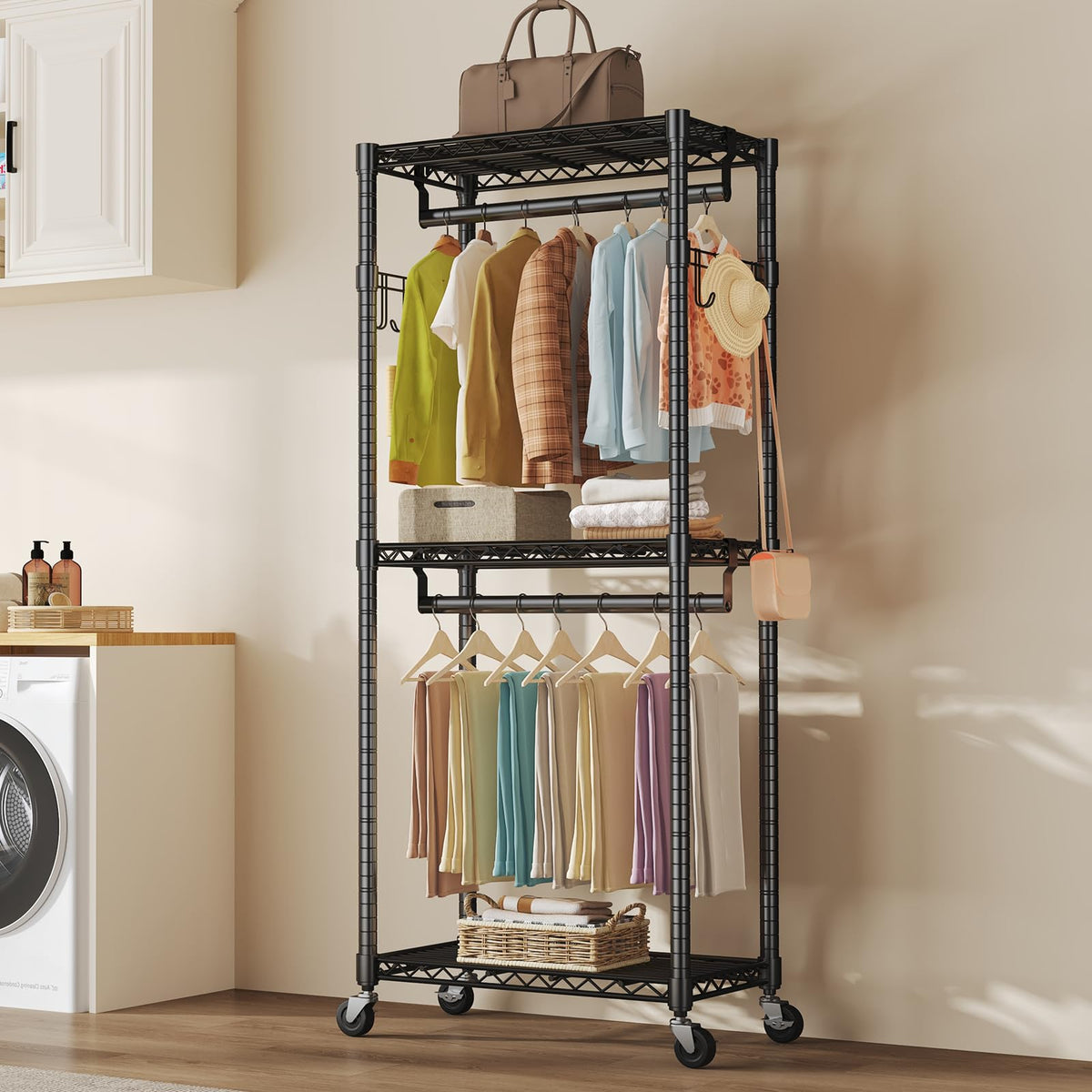 OLIXIS Clothes Rack Heavy Duty Adjustable Garment Clothing Rack with Wheels, Rolling Metal
