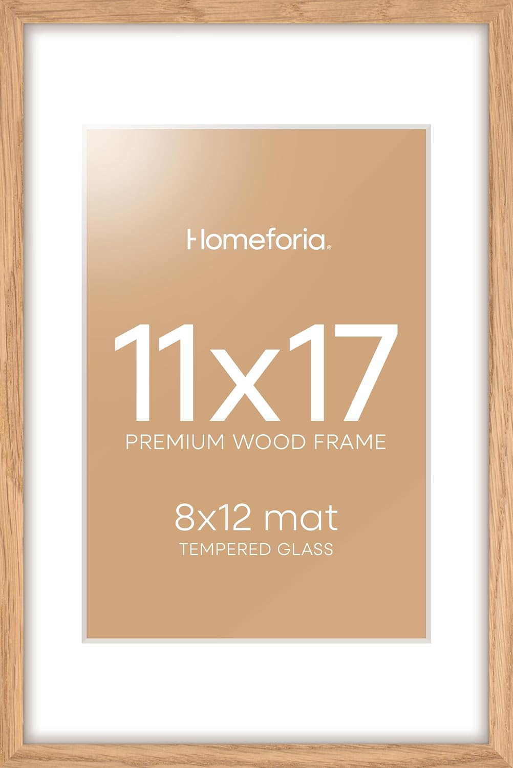 Homeforia 11x17 Wood Frame, High End Natural Oak 11x17 Light Wooden Picture Frame with Mat 8x12, 11