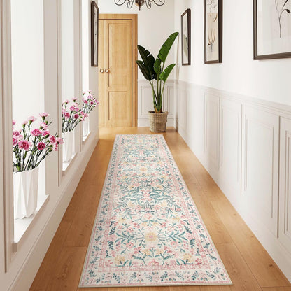 Wonnitar Floral Washable Runner Rug, 2'6"x8' Runners for Hallways Pink Rugs for Entryway Bedroom