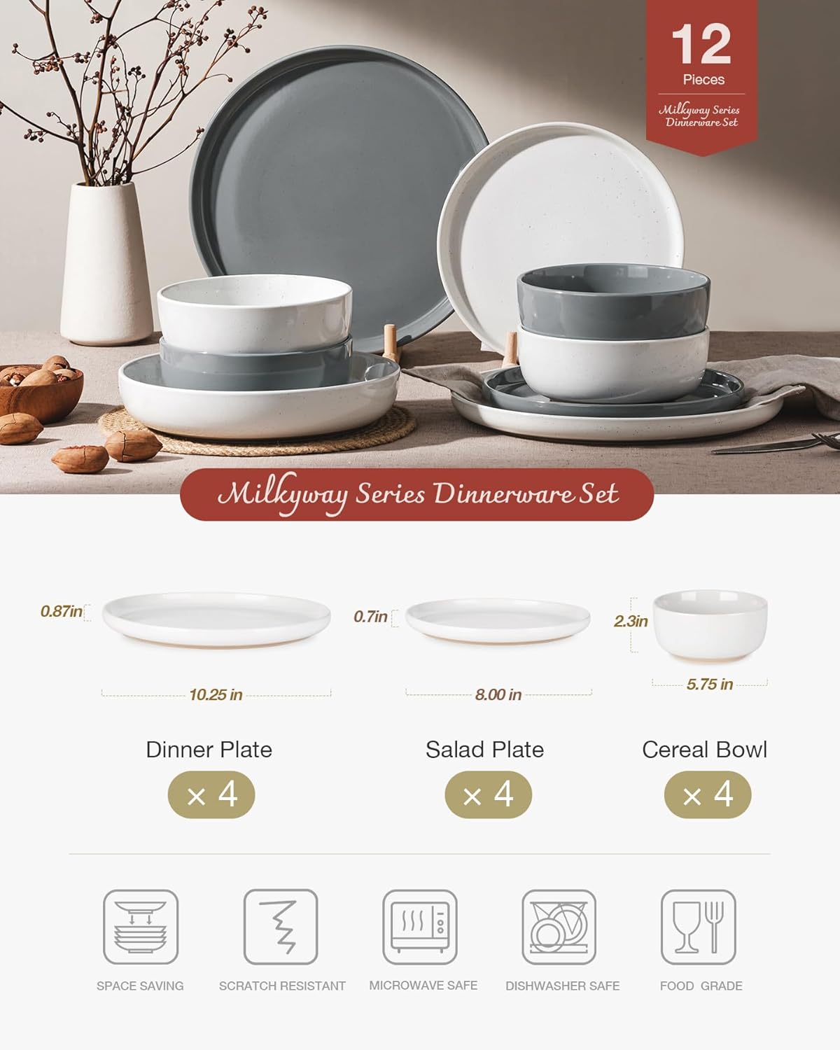 Famiware Milkyway Plates and Bowls Sets, 12 Pieces Stoneware Dinnerware Sets, Dishes Set for 4