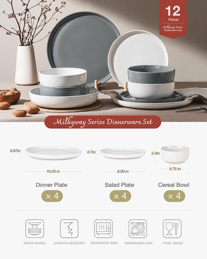 Famiware Milkyway Plates and Bowls Sets, 12 Pieces Stoneware Dinnerware Sets, Dishes Set for 4