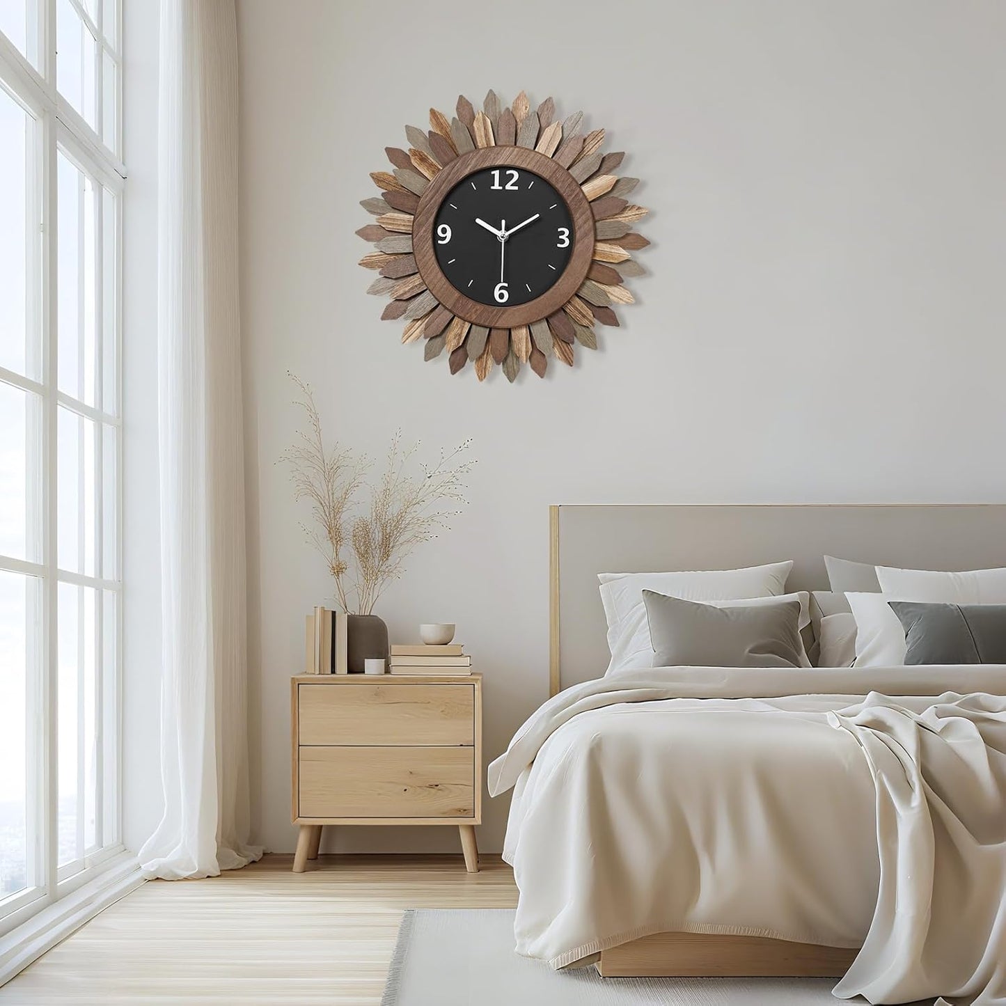 Honiway 14 Inch Wall Clock, Rustic Wood Boho Sunburst Decorative Wall Clocks Battery Operated