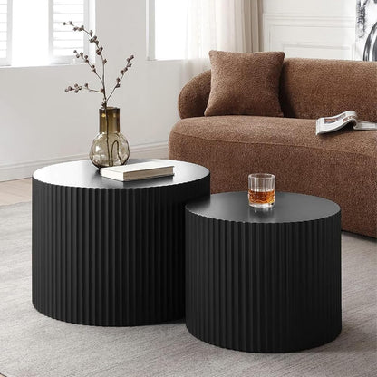 Round Nesting Coffee Table Black Round Fluted Coffee Table Set of 2 for Living Room Small Circle