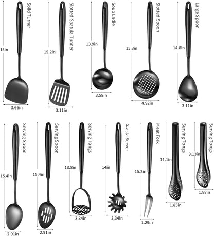 304 Stainlss Steel Matte Kitchen Utensils Set, 12 Pcs Long Metal Cooking Utensil Gadgets Tools Set