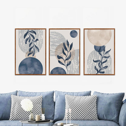 KAIRNE Boho Plant Wall Art Set of 3,Blue Bohemain Framed Canvas,Abstract Geometric Line Wall