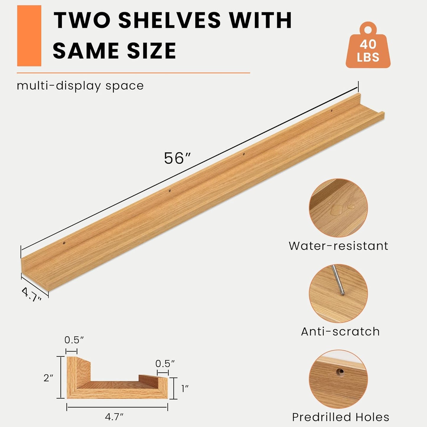 Heimlove Picture Ledge Shelf, Floating Shelves Set of 2, 56 Inches Picture Shelf for Wall with