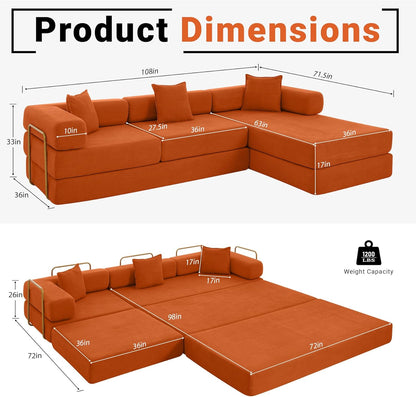 108" Oversized Convertible Sleeper Sofa Bed, Corduroy L Shape Sectional Couch, Folding Sofa Bed