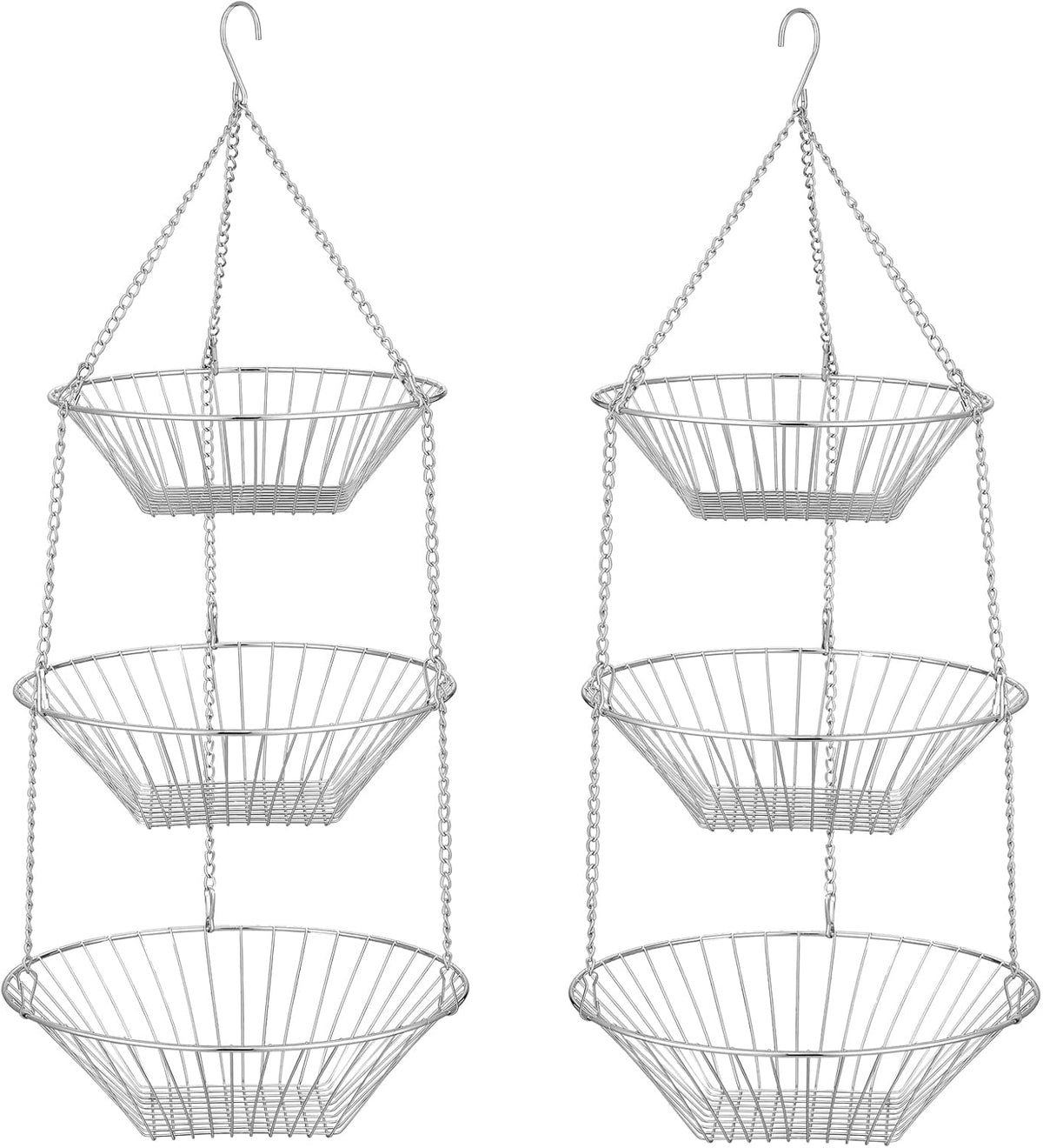 3-Tier Wire Fruit Hanging Basket 2 Packs, non-Punching Wall Hanging Storage, Kitchen Bathroom