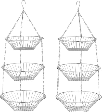 3-Tier Wire Fruit Hanging Basket 2 Packs, non-Punching Wall Hanging Storage, Kitchen Bathroom