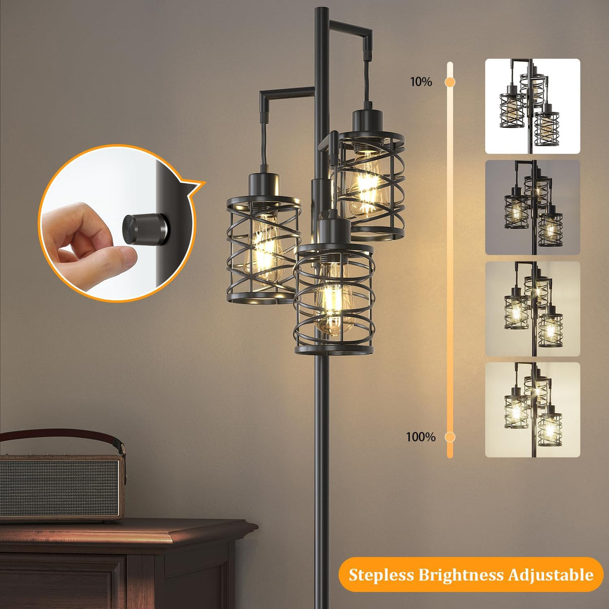 Oneach 70" Industrial Floor Lamp, Stepless Dimmable Standing Lamp with 3 Bulbs, Farmhouse Corner