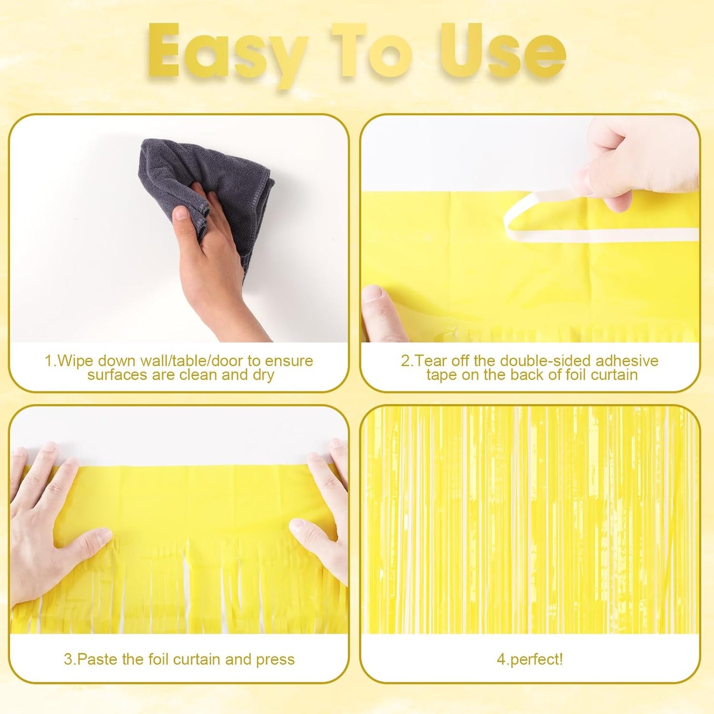 3 Pack 3.3 x 8.2 ft Pastel Yellow Foil Fringe Backdrop Curtains, Tinsel Streamers Birthday Party