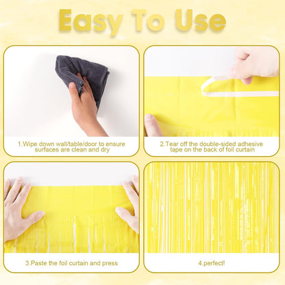 3 Pack 3.3 x 8.2 ft Pastel Yellow Foil Fringe Backdrop Curtains, Tinsel Streamers Birthday Party