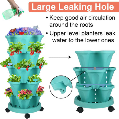 DUNCHATY Stackable Planter, Teal, 6 Tier Garden Tower, Self Watering, Indoor/Outdoor, with Garen