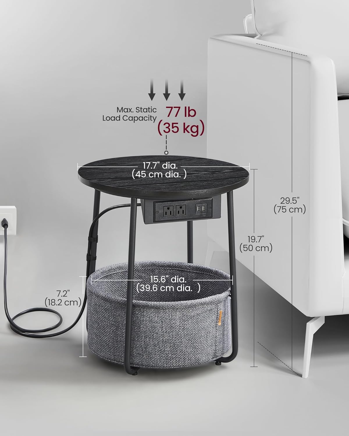 VASAGLE Side Table with Charging Station, Round End Table with Fabric Basket, Nightstand with Power