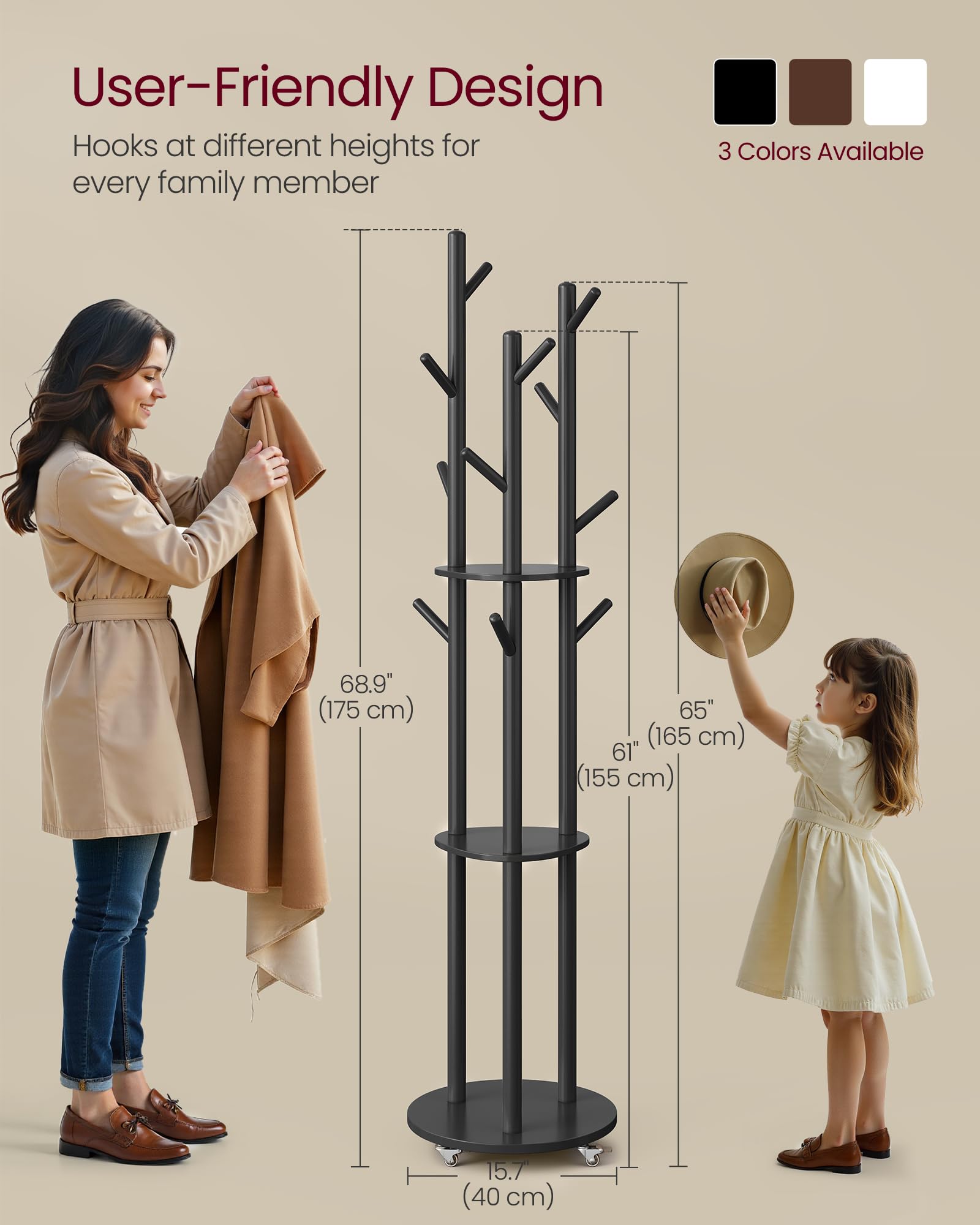 VASAGLE Freestanding Coat Rack Stand, Coat Tree with 11 Hooks, 3 Shelves, 4 Removable 360° Swivel