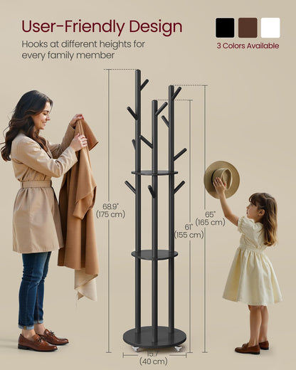 VASAGLE Freestanding Coat Rack Stand, Coat Tree with 11 Hooks, 3 Shelves, 4 Removable 360° Swivel