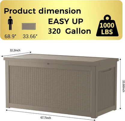 320 Gallon Lockable Resin Deck Box, Waterproof & UV-Resistant Outdoor Storage Box for Outdoor