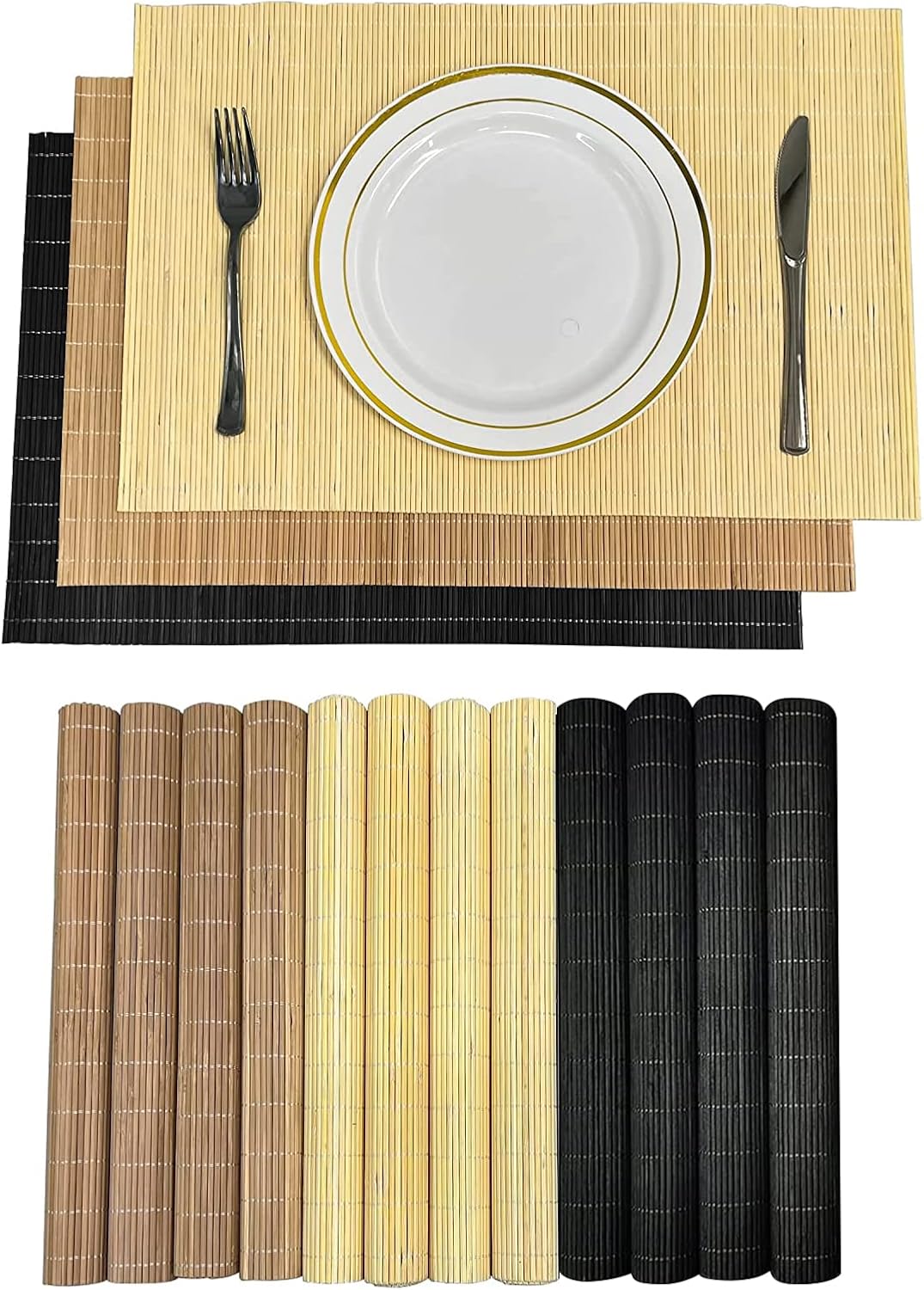 ANDSTAR Set of 12 Pcs Bamboo Placemats - Natural & Brown & Black, Anti-Slip, Heat-Resistant