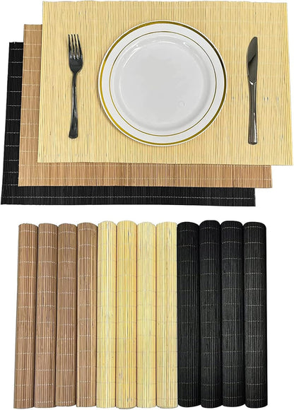 ANDSTAR Set of 12 Pcs Bamboo Placemats - Natural & Brown & Black, Anti-Slip, Heat-Resistant