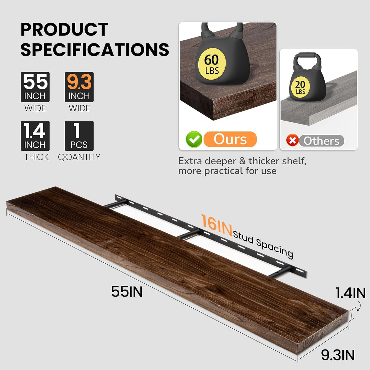 Fun Memories Floating Shelves for Wall, 55"x9.3" Rustic Solid Elm Wood Shelves, Heavy-Duty Wall