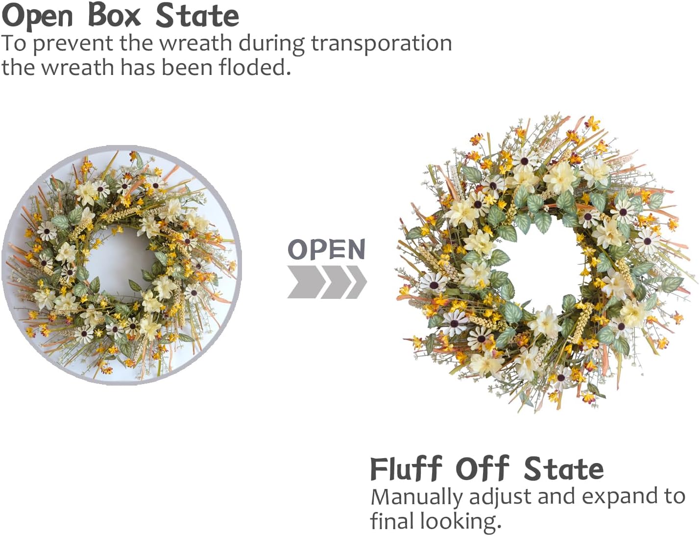 idyllic 20 Inches Spring Summer Front Door Wreath, Yellow and White Daisies Flowers, Ear of Wheat