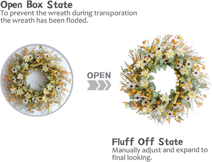 idyllic 20 Inches Spring Summer Front Door Wreath, Yellow and White Daisies Flowers, Ear of Wheat