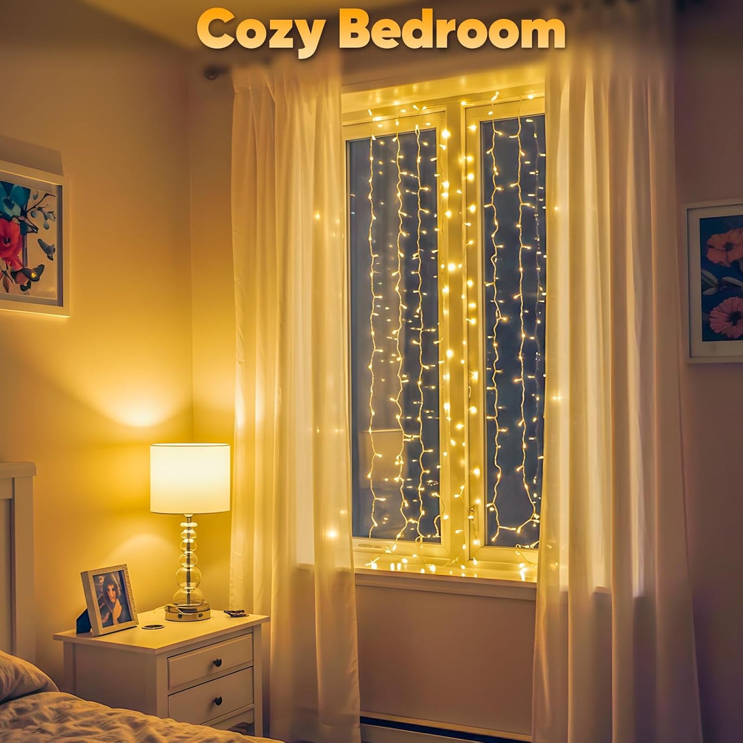 suddus Curtain Lights for Bedroom, 90 Led Hanging String Light Outdoor, Fairy Curtain Lights Indoor