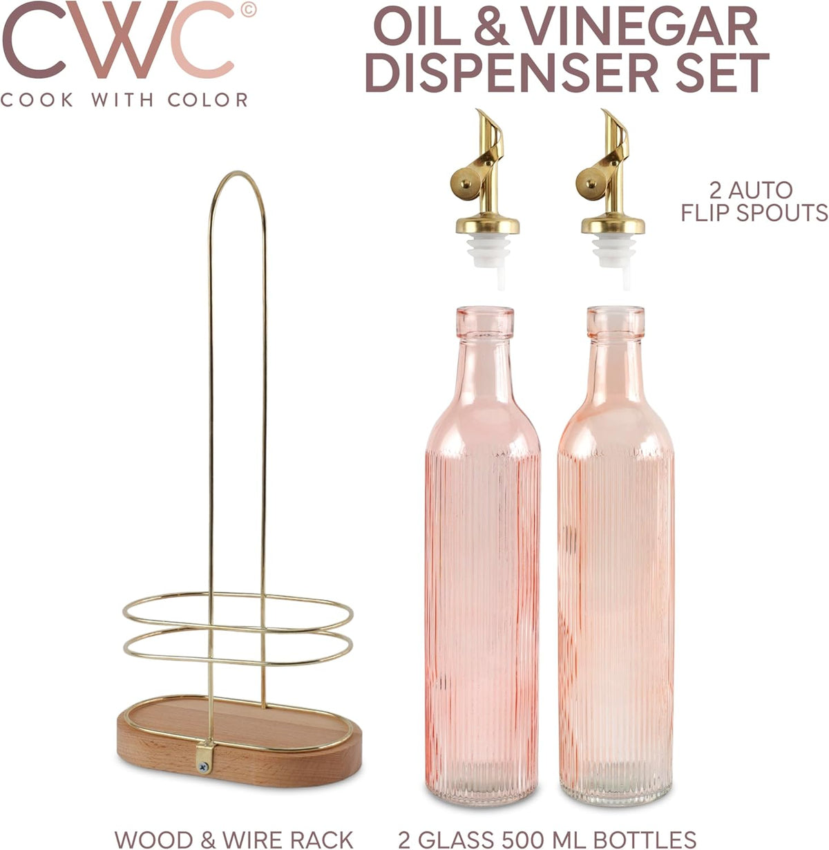 COOK WITH COLOR Glass Olive Oil Dispenser Bottle - 2 Pack, 17 oz Cruet - Elegant Carafe Decanter