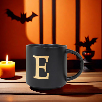 COLLECTIVE HOME - Monogram Ceramic Mugs, 15 oz Golden Initial Black Coffee Cups, Elegant Alphabet