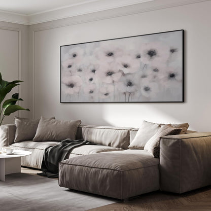 36"x72" Extra Large Framed Wall Art Soft White Poppies Watercolor Floral, Delicate Botanical for