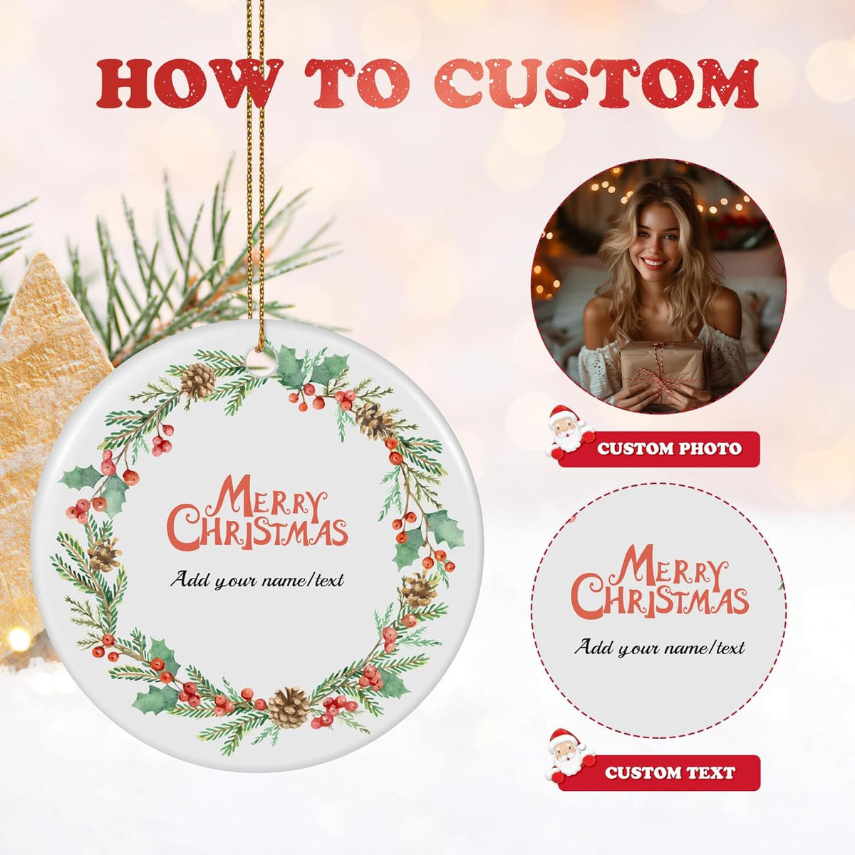 Personalized Christmas Ornaments 2025, Double-Side Custom Christmas Ornament, Round Ceramic Photo