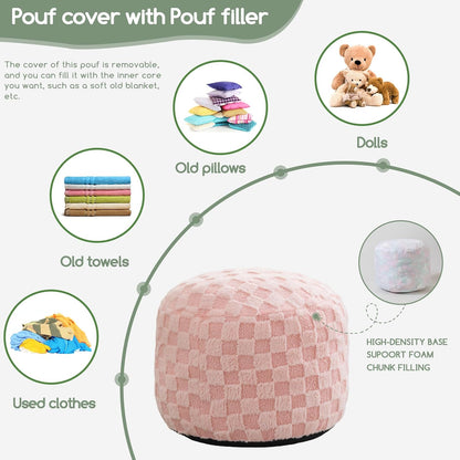 HIGOGOGO Round Stuffed Pouf Ottoman, Plaid Poufs with Foam Chunk Filling, Fluffy and Furry Pouf