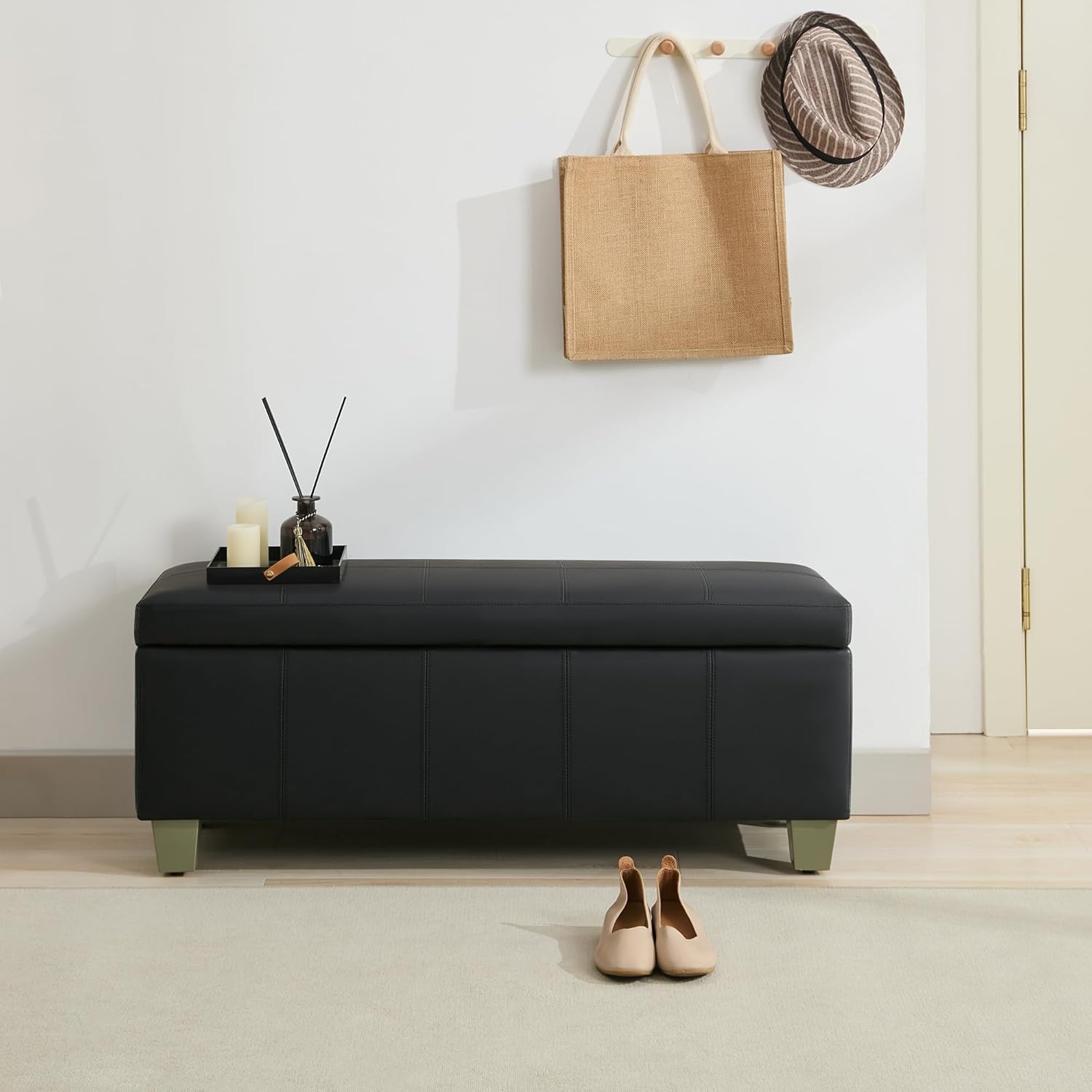 41" Faux Leather Storage Ottoman, Stitch Tufted Rectangle Upholstered End of Bed Storage Bench