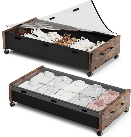Wooden Under Bed Storage with Wheels, Rolling Under the Bed Storage Bins with Removable Lid, Metal