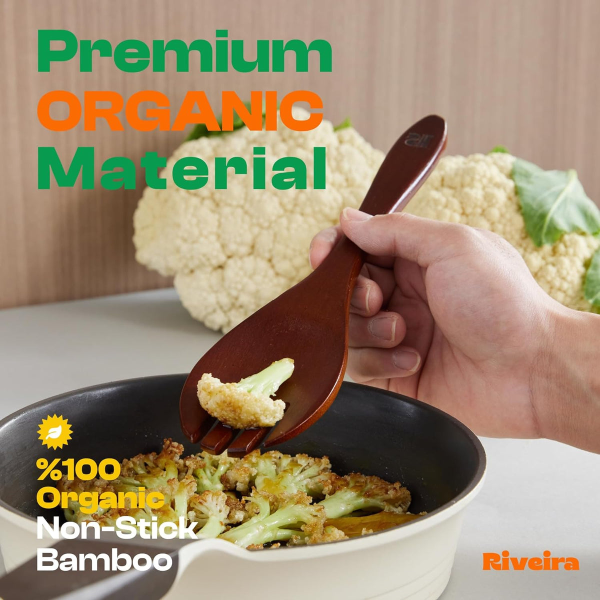 Riveira Set of 9 Premium Brown Bamboo Cooking Utensils - Bamboo Utensils for Cooking - Non-Toxic