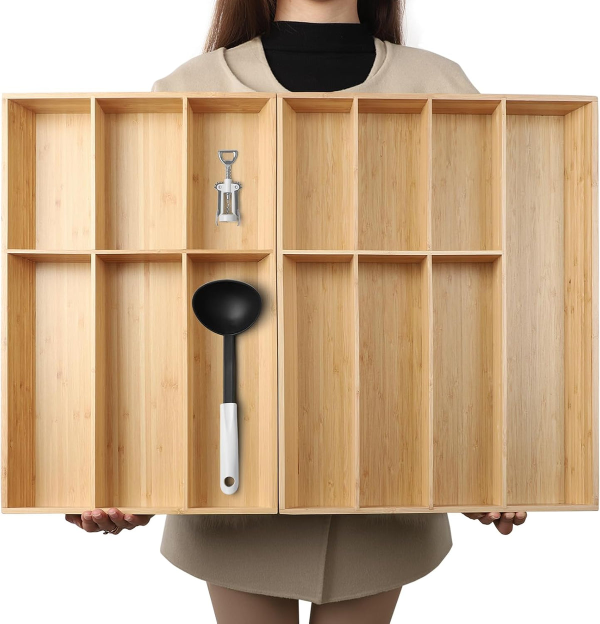 V-Shaped Extra Large Bamboo Drawer Organizer Set of 2, Kitchen Cutlery Tray Utensil Plate